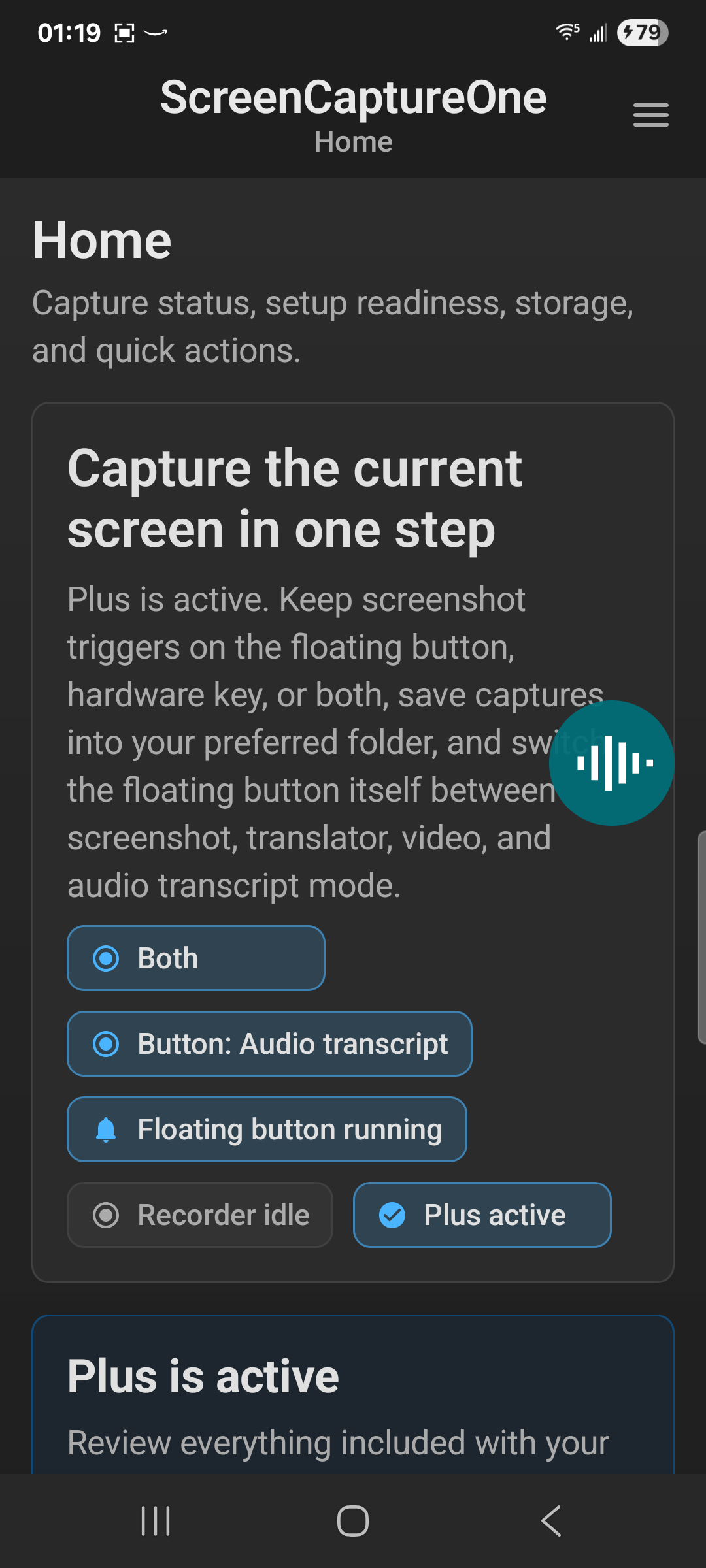Audio transcript mode, dark theme